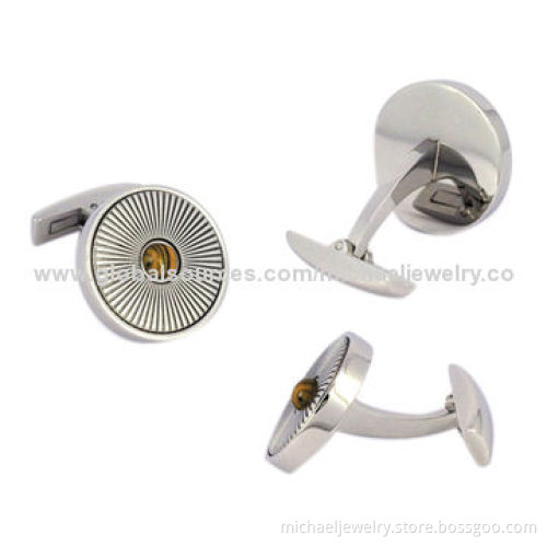 Stainless Steel Cufflinks with Surface is Embossing, Inlay Tiger Eye
